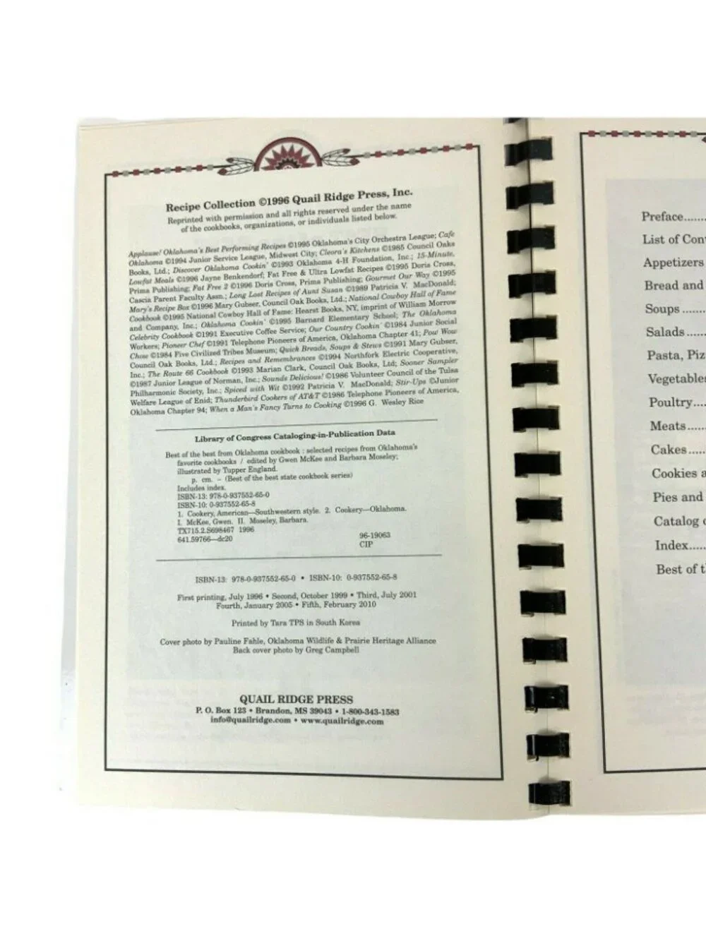 Best Of The Best From Oklahoma Cookbook 5th Printing 2010 Quail Ridge Press